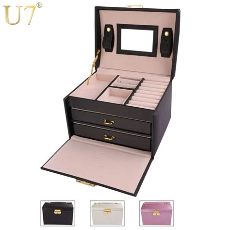 U7 Women Jewelry Storage Organizer Drawers Box Travel Makeup Cosmetic Case & Mirror Leather ...