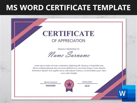 Microsoft Word Certificate Template, Editable Certificate of ...