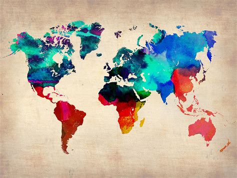 Watercolor World Map Painting by Naxart Studio - Pixels