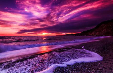 Download Horizon Purple Sea Ocean Beach Nature Sunset HD Wallpaper