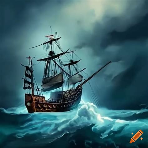 Pirate ship battling a fierce storm on Craiyon