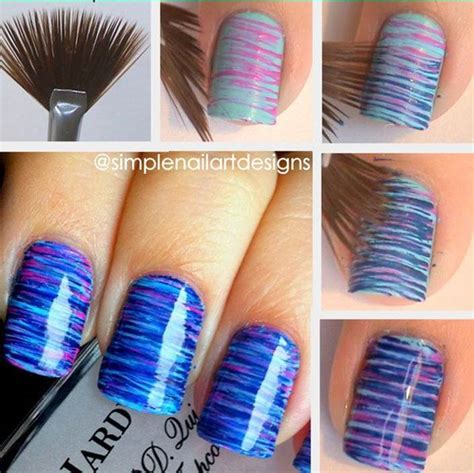 How to DIY Blue and Pink Fan Brush Striped Nail Art