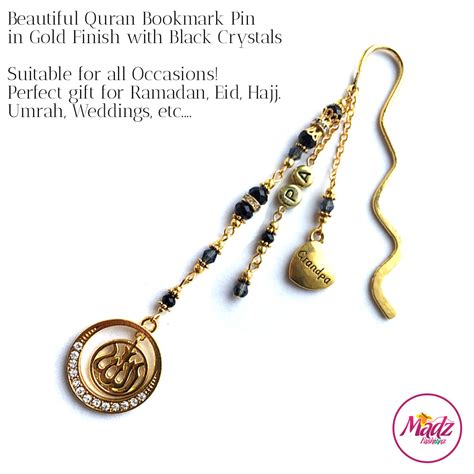 Madz Fashionz UK: Personalised Quran Bookmarks Pins Gifts in Black Crystals with Gold Finish