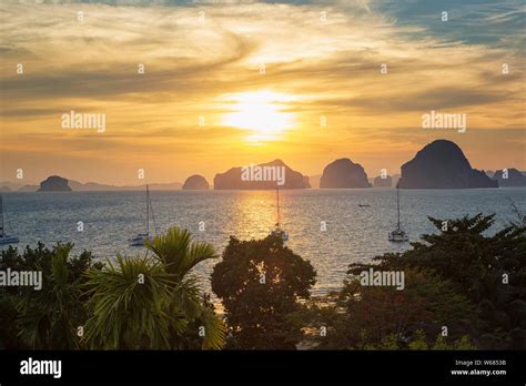 Sunset at Karst islands of Phang-Nga Bay, Thailand. View from Tub Kaek ...