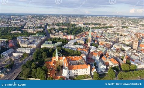 Aerial View of Riga Skyline at Sunset, Latvia Stock Photo - Image of ...