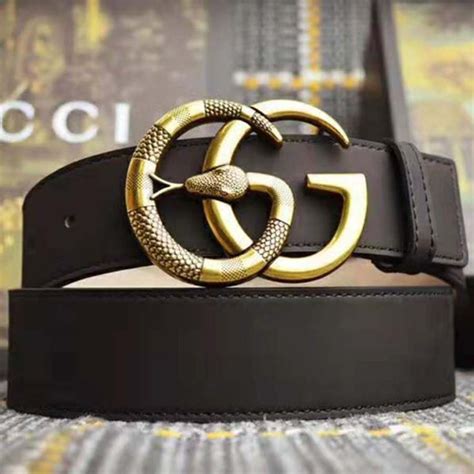 Gucci Unisex Leather Belt with Double G Buckle with Snake in Black Leather - LULUX