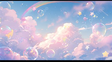 Pastel Rainbow Sky With Dreamy Clouds Bubbles And Stars A 3d Rendered ...