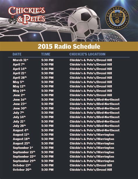 Philadelphia Union 2015 90th Minute Radio Show Schedule | Chickie's and ...