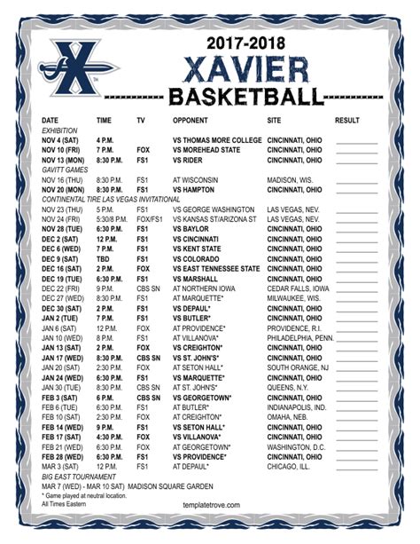 Printable 2017-2018 Xavier Musketeers Basketball Schedule