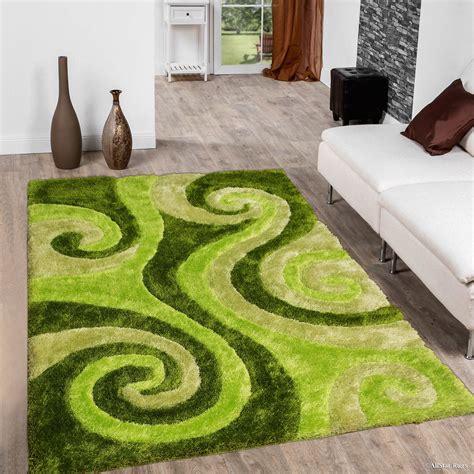 Allstar Green Shaggy Area Rug with 3D Lime Green Spiral Design. Contemporary Formal Hand Tufted ...