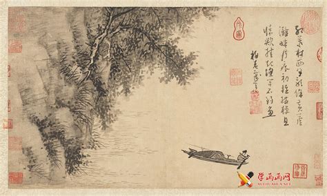 “元四家”吴镇国画作品《芦滩钓艇图》-露西学画画