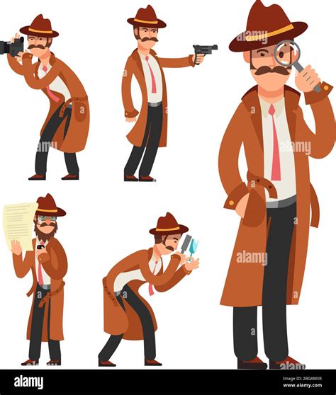 Cartoon private detective. Police inspector vector character set. Police detective and inspector ...