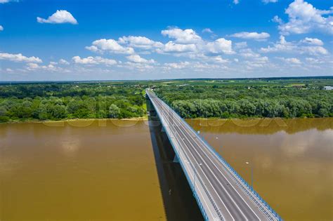 Bridge over Vistula river in Kamien, Poland. Aerial view of Vistula ...