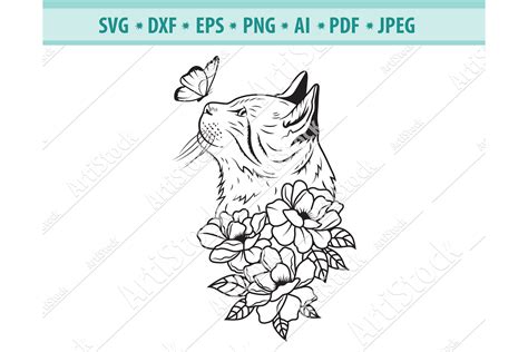 Cat SVG Files for Silhouette Cameo Wildflower Cat Clipart Floral Cat SVG Cat With Flower Floral ...