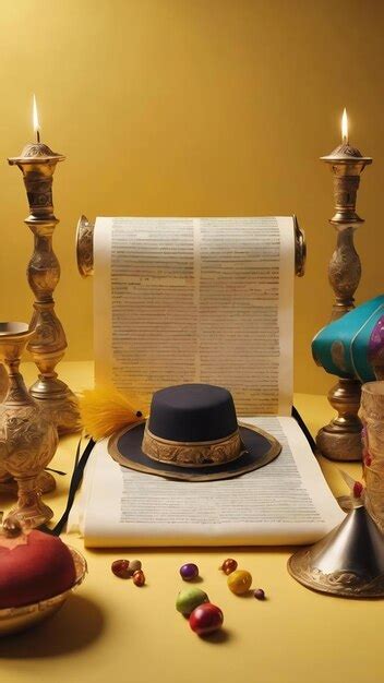 Premium AI Image | Purim festival objects and scroll of esther on ...