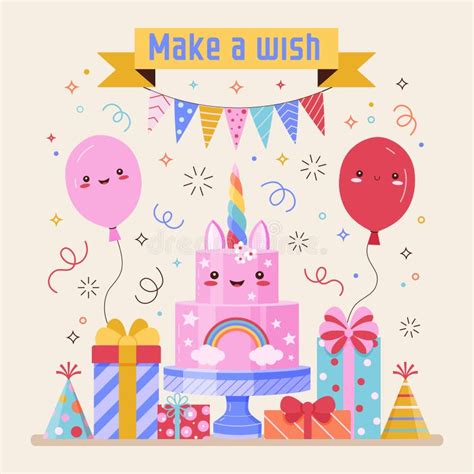 Make a Wish Birthday Card with Cute Kawaii Cake Stock Vector ...