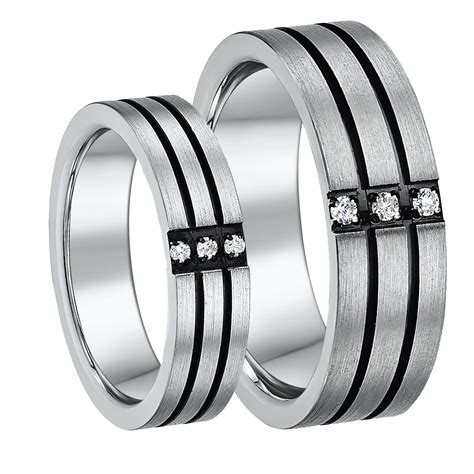 His & Hers 5&7mm Titanium Three Diamond Black Grooved Wedding Ring Set - Titanium sets at Elma ...