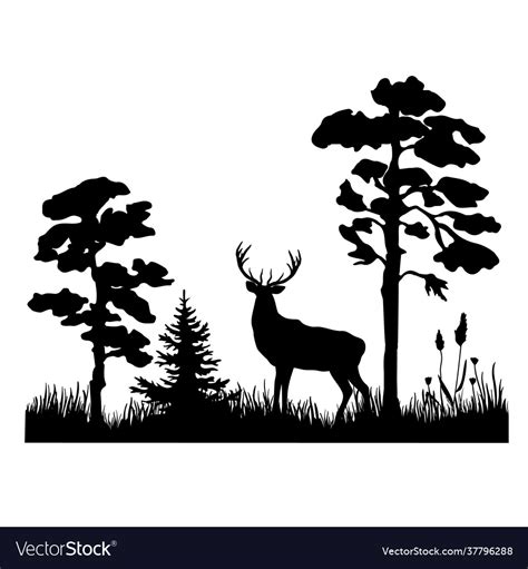 A black silhouette deer in forest Royalty Free Vector Image