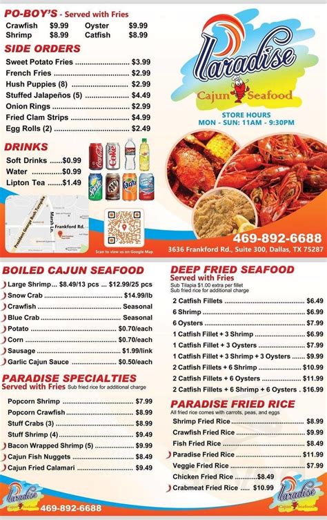 Paradise Cajun Seafood menu in Dallas, Texas, USA