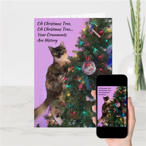 Funny Cat in Tree Eyeing Ornaments Christmas Card | Zazzle