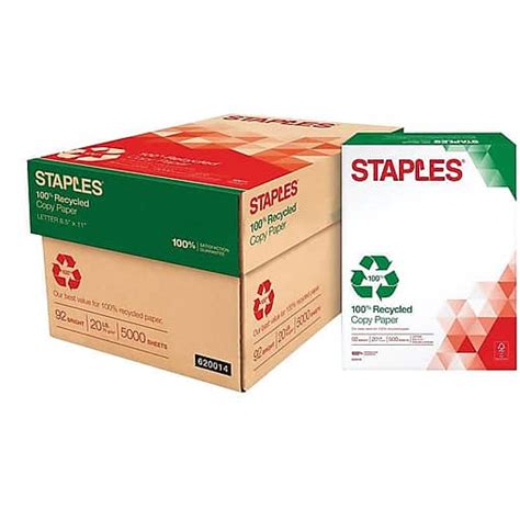 Staples Recycled Copy Paper, 8.5" x 11", 20 lbs., White, 500 Sheets/Ream, 10 Reams/Carton ...