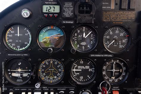 Airplane flight instruments indicators at the cockpit Stock Photo ...