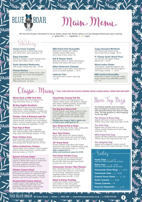 Menus | The Blue Boar | Bar & Restaurant in Oulton