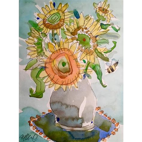 Sunflower & Bee Original Watercolor Painting | Chairish