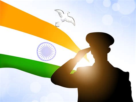 Saluting Soldier Silhouette On Indian Flag Waving Background. Royalty ...