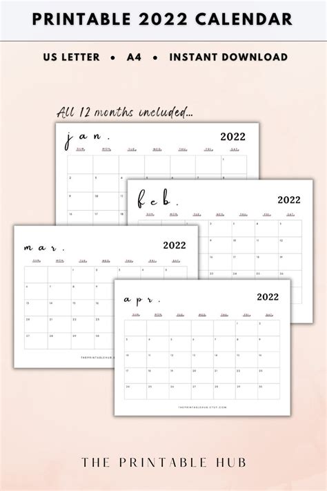 2022 Monthly Calendar Landscape Printable Calendar Template | Etsy