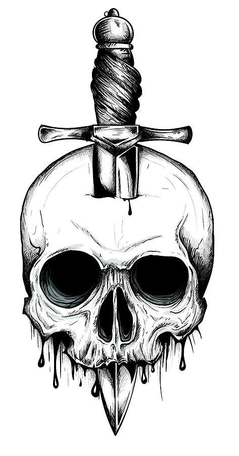 A knife through a skull. Simple skull face series. Monoline skull tattoo design vector Digital ...