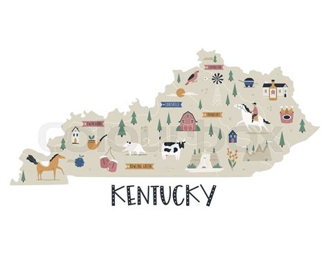 Illustrated map of Kentucky state with landmarks and symbols. | Stock ...