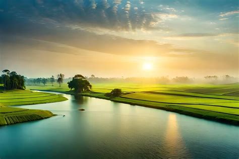 Premium AI Image | a sunset with a river and trees in the background.