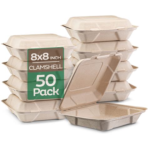 100% Compostable Clamshell Take Out Food Containers [8X8" 50-Pack] Heavy-Duty Quality to go ...