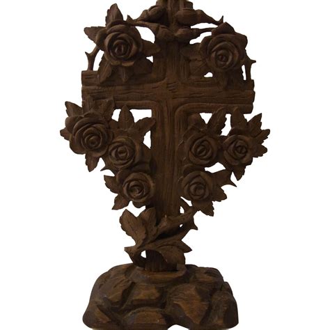 Antique German Folk Art Carved Wood Cross Roses from eddys on Ruby Lane