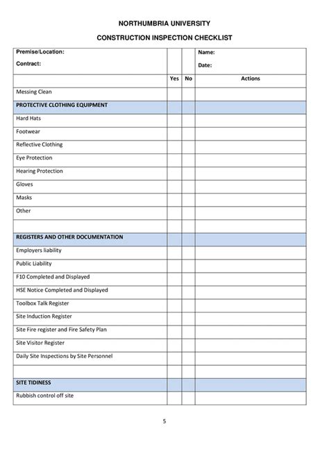 Construction inspection checklist sample in Word and Pdf formats - page 5 of 9