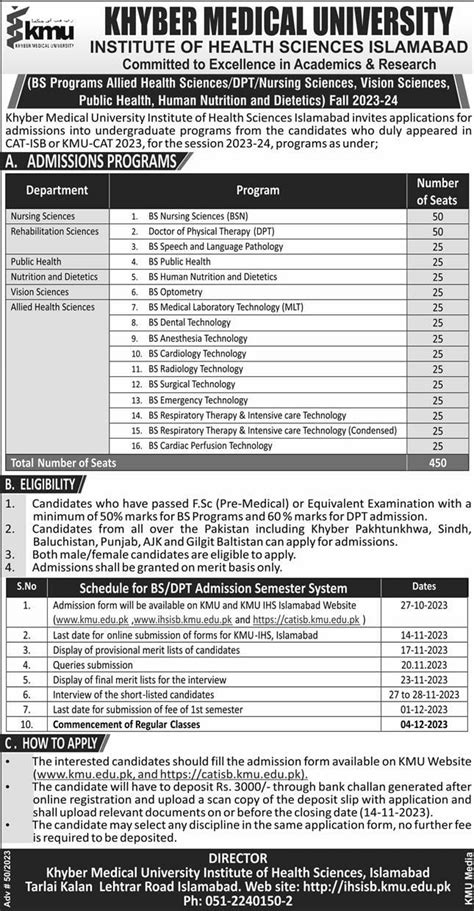 KMU Institute of Health Sciences Islamabad BS Admission 2023 Apply