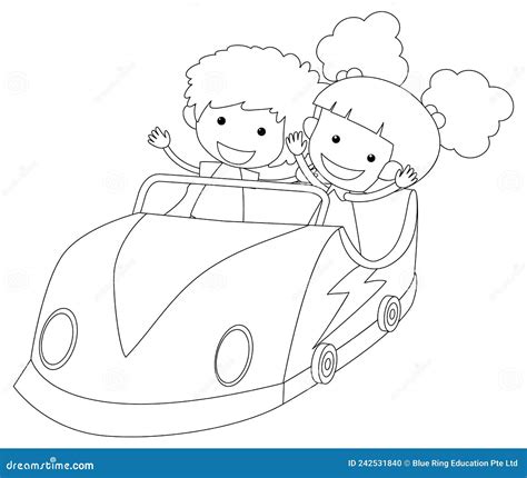 Kids in Racing Car Black and White Doodle Character Stock Vector ...