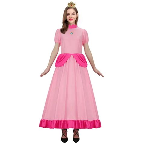 Women Super Mario Princess Peach Cosplay Costume Pink Dress