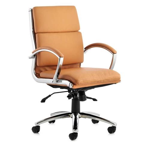 Tan Leather Mid Back Executive Office Chair with contemporary chrome base