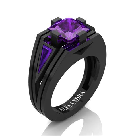 Mens Modern 14K Black Gold 4.0 Ct Princess and Triangle Royal Purple Amethyst Wedding Ring ...