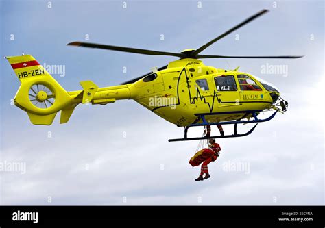 Rescue helicopter Eurocopter EC135 T2+ of the University Hospital Geneva in an emergency ...