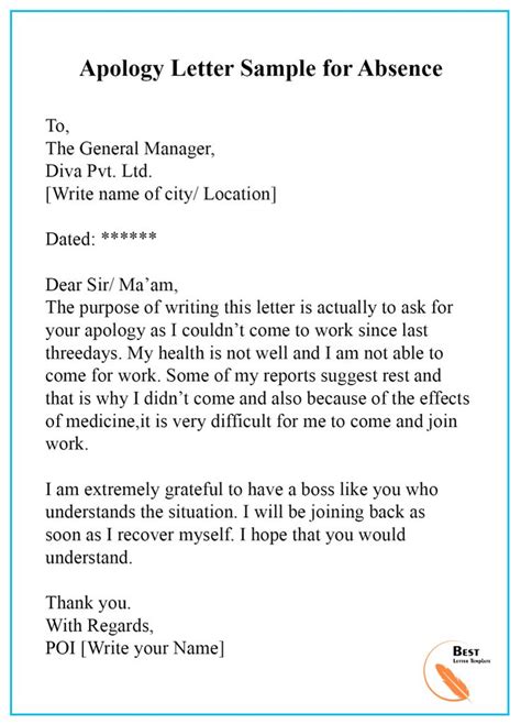 Apology Letter Template for Absence – Format, Sample & Example | Best Letter Template ...