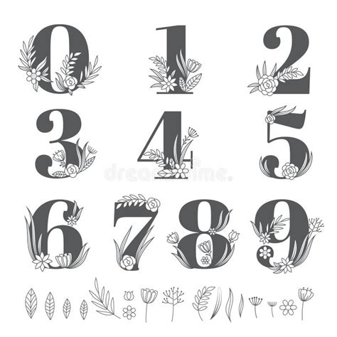 Flower Ornate Numbers. Decorative Floral Alphabet Elements Botanical ...