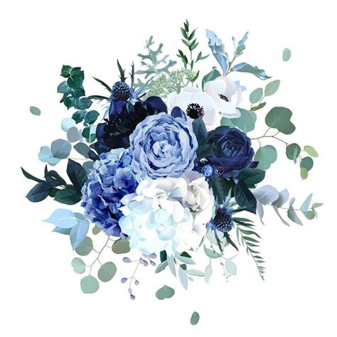 Royal blue, navy garden rose, white hydrangea flowers, anemone, thistle. Eucalyptus, peony, b ...