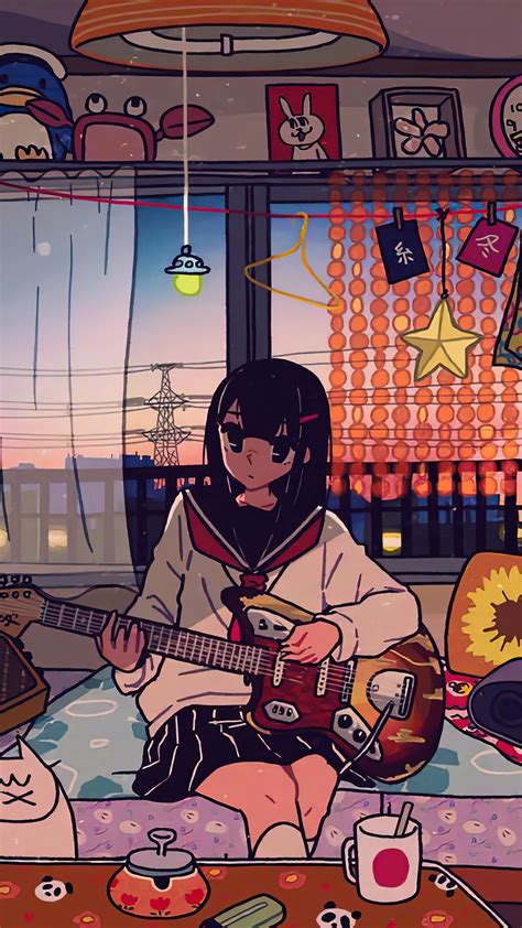 Anime Girl Playing Guitar 4K #9380f Wallpaper iPhone Phone