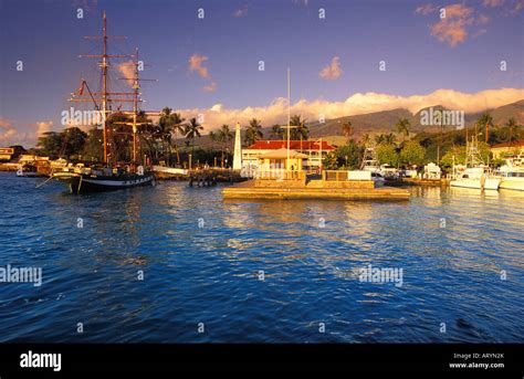 Lahaina Harbor at sunset. West Maui Mountains in the background, with Lahaina Town and Front ...