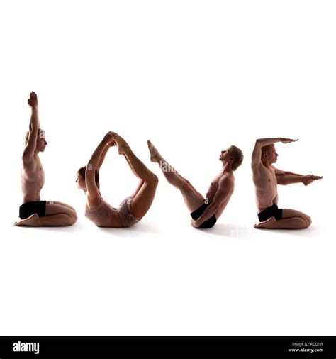 Yoga alphabet, athletes forming LOVE word over white background Stock ...