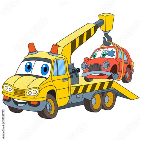 Cartoon vehicle transport. Tow truck (evacuator) with a broken car ...