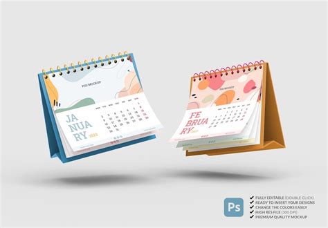 Premium PSD | Two 2023 spiral desk calendars mockup floating on a neutral background in 3d rendering